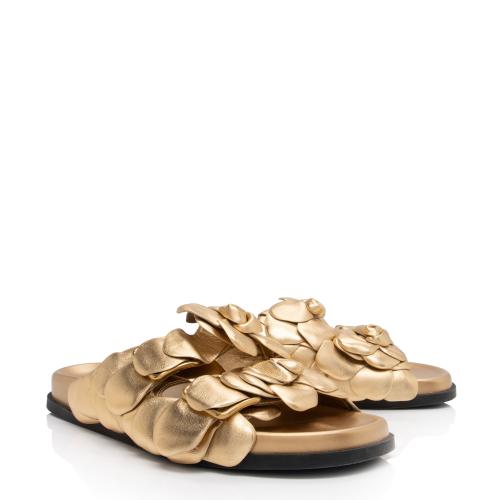 Valentino Metallic Leather Rose Edition Slide Sandals - Size 7 / 37