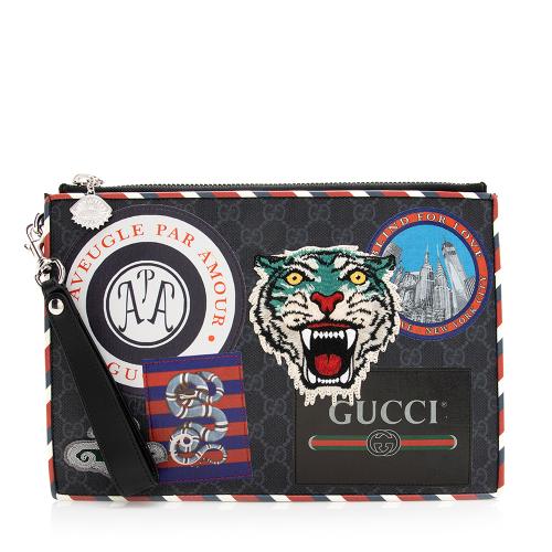 Gucci GG Supreme Embroidered Patchwork Large Zip Wristlet