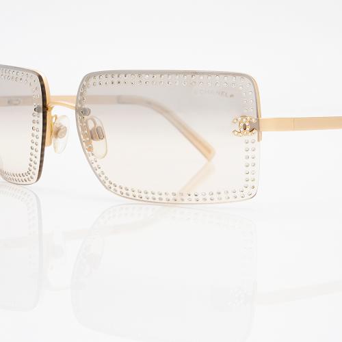 Chanel Rimless Rectangular Crystal Studded CC Sunglasses