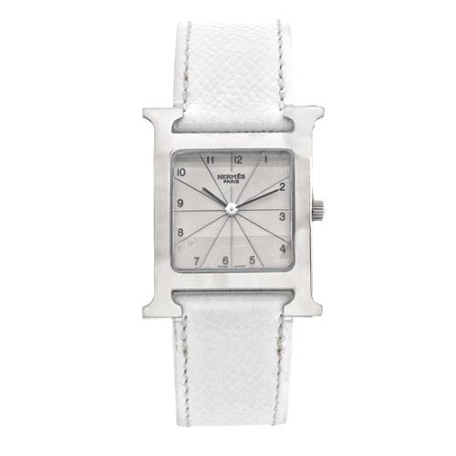 Hermes White Courchevel Heure H PM Watch with Additional Band